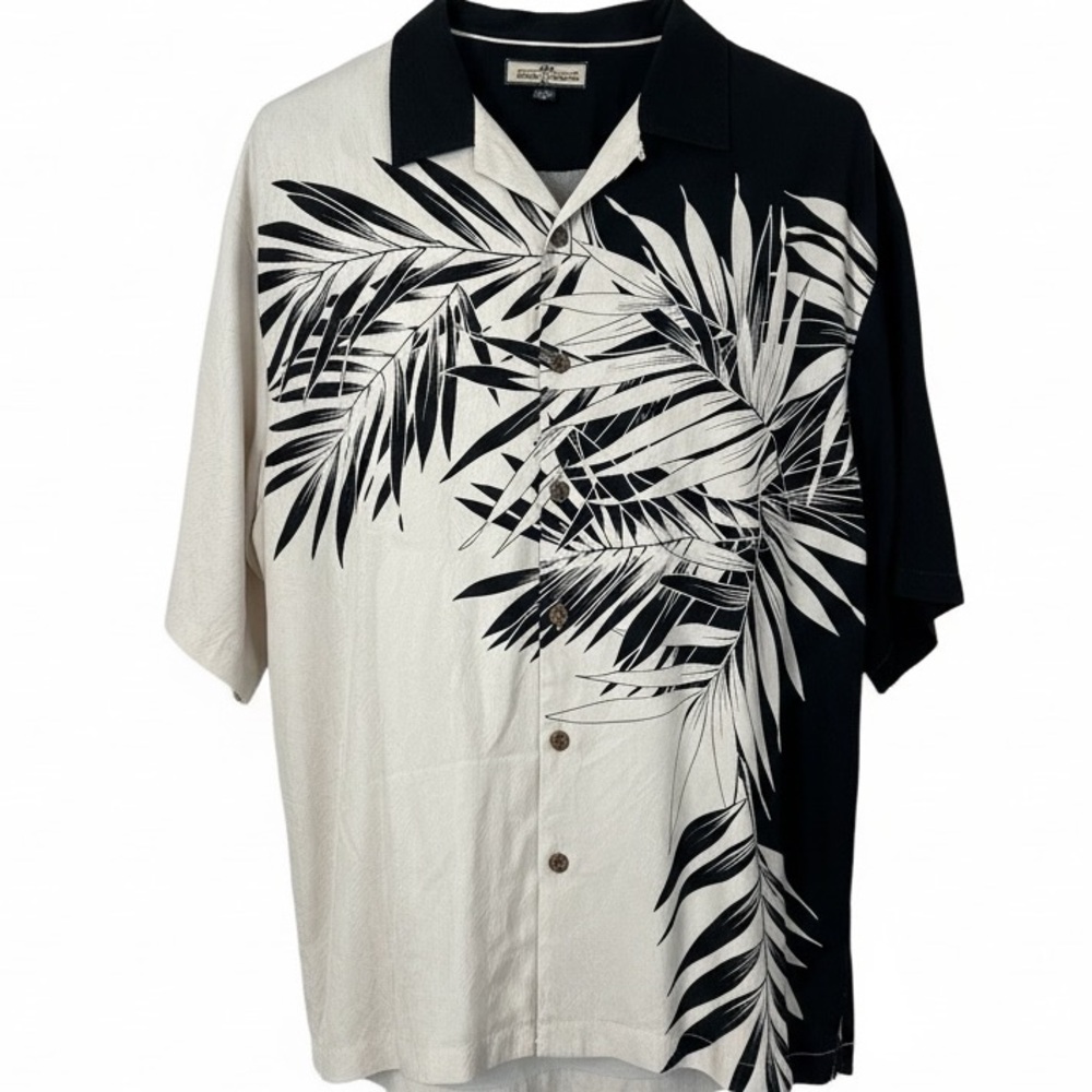 Tommy Bahama Black and White Palm Leaf Short Sleeve Camp Shirt